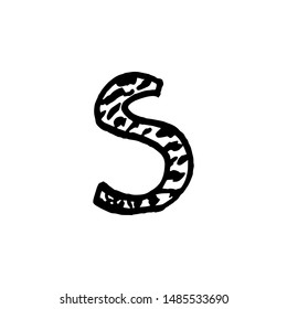 Hand drawn letter S. Black text isolated on white background. Artwork vector illustration. Retro style. Animals print.