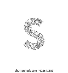 Hand drawn letter S. Floral decorative typography. Decorative handmade font. English alphabet.