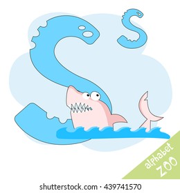 Hand drawn letter S and funny cute shark. Children's alphabet in cartoon style, vector illustration.