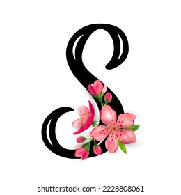 Hand drawn letter S with  spring pink flowers isolated on white background. Vector illustration.