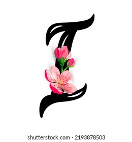 Hand drawn letter I with  spring pink flowers isolated on white background. Vector illustration.