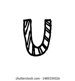 Hand drawn letter U. Black text isolated on white background. Artwork vector illustration. Retro style.
