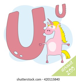 Hand drawn letter U and funny cute unicorn. Children's alphabet in cartoon style, vector illustration.