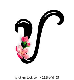 Hand drawn letter V with  spring pink flowers isolated on white background. Vector illustration.