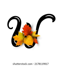 Hand drawn letter W with autumn leaves isolated on white background. Vector illustration.