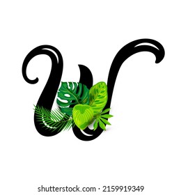 Hand drawn letter W with tropical leaves  isolated on white background. Vector illustration.