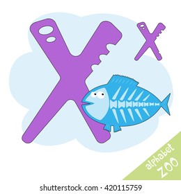 Hand drawn letter X and funny cute x-ray fish. Children's alphabet in cartoon style, vector illustration.