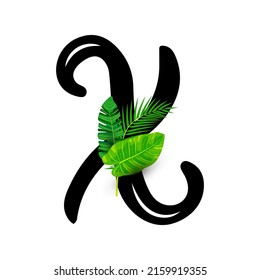 Hand drawn letter X with tropical leaves  isolated on white background. Vector illustration.