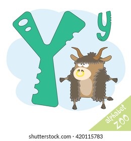 Hand drawn letter Y and funny cute yak. Children's alphabet in cartoon style, vector illustration.