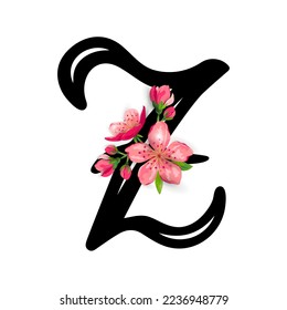 Hand drawn letter Y with  spring pink flowers isolated on white background. Vector illustration.