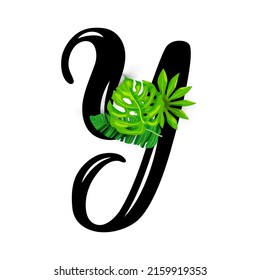 Hand drawn letter Y with tropical leaves  isolated on white background. Vector illustration.