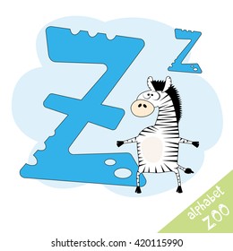 Hand drawn letter Z and funny cute zebra. Children's alphabet in cartoon style, vector illustration.