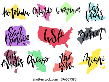 Hand drawn lettering 10 popular American cities. New York Boston Los Angeles San Francisco Miami Las Vegas Orlando Washington Chicago Honolulu. Illustration.