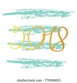 Hand drawn lettering 2018 and hand brush stroke. Golden grunge illustration for design of greeting cards, invitations, banners etc. for New Year, Chinese New Year. 