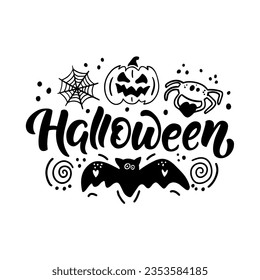 Hand drawn lettering about Halloween on a transparent background. Vector composition on halloween theme perfect for posters, cards, banners, prints on t shirts, bags, pillows, notebook covers