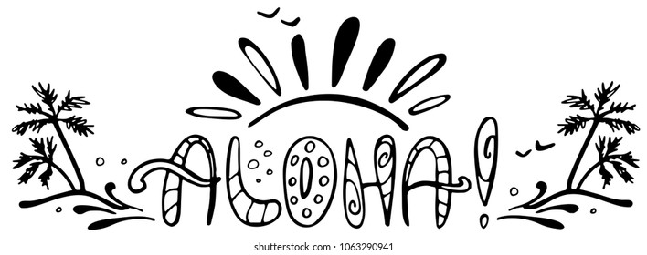 Hand drawn lettering Aloha, setting sun, palm trees isolated on white. Vector illustration. Perfect for greeting card, postcard, print.
