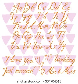 Hand drawn lettering alphabet with watercolor background, wedding alphabet