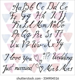 Hand drawn lettering alphabet with watercolor background, wedding alphabet