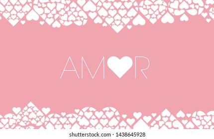 Hand drawn lettering "AMOR"- mean LOVE, written in Spanish, on pale pink background. Flat vector illustration for Valentine`s Day cards, invitations, greetings, posters, prints, wedding design, web.