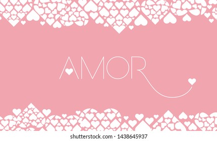 Hand drawn lettering "AMOR"- mean LOVE, written in Spanish, on pale pink background. Flat vector illustration for Valentine`s Day cards, invitations, greetings, posters, prints, wedding design, web.