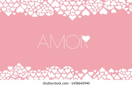 Hand drawn lettering "AMOR"- mean LOVE, written in Spanish, on pale pink background. Flat vector illustration for Valentine`s Day cards, invitations, greetings, posters, prints, wedding design, web.