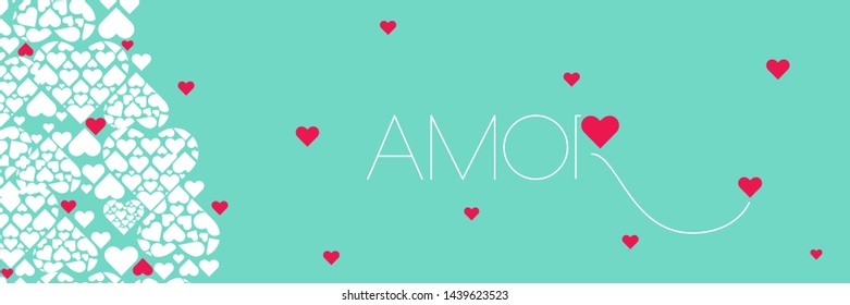 Hand drawn lettering "AMOR"- mean LOVE, written in Spanish, on turquoise background. Flat vector illustration for Valentine`s Day cards, invitations, greetings, posters, prints, wedding design, web.