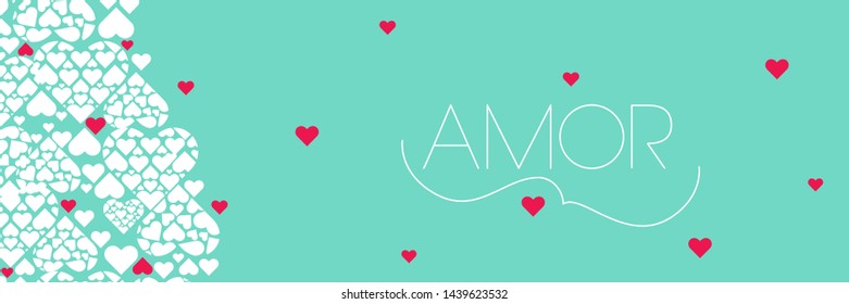 Hand drawn lettering "AMOR"- mean LOVE, written in Spanish, on turquoise background. Flat vector illustration for Valentine`s Day cards, invitations, greetings, posters, prints, wedding design, web.