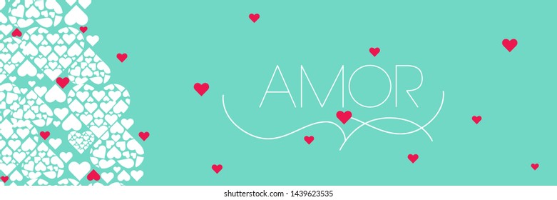 Hand drawn lettering "AMOR"- mean LOVE, written in Spanish, on turquoise background. Flat vector illustration for Valentine`s Day cards, invitations, greetings, posters, prints, wedding design, web.