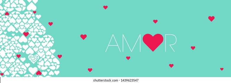 Hand drawn lettering "AMOR"- mean LOVE, written in Spanish, on turquoise background. Flat vector illustration for Valentine`s Day cards, invitations, greetings, posters, prints, wedding design, web.