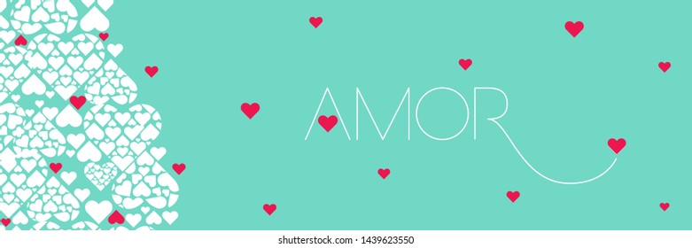 Hand drawn lettering "AMOR"- mean LOVE, written in Spanish, on turquoise background. Flat vector illustration for Valentine`s Day cards, invitations, greetings, posters, prints, wedding design, web.