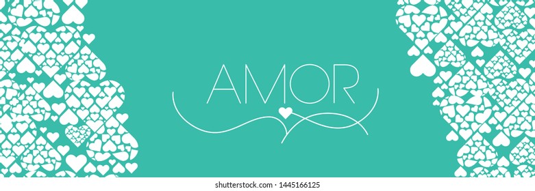 Hand drawn lettering "AMOR"- mean LOVE, written in Spanish, on turquoise background. Flat vector illustration for Valentine`s Day cards, invitations, greetings, posters, wedding design, prints, web.