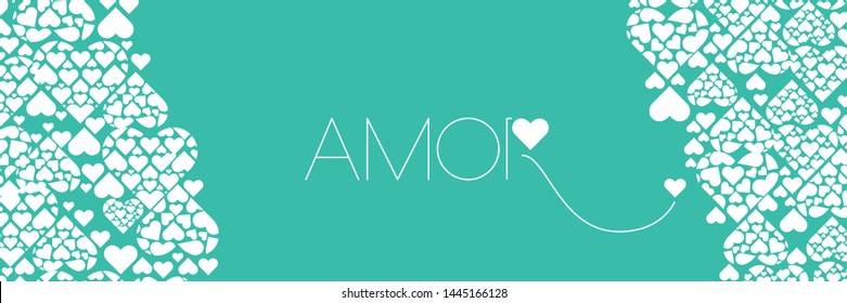 Hand drawn lettering "AMOR"- mean LOVE, written in Spanish, on turquoise background. Flat vector illustration for Valentine`s Day cards, invitations, greetings, posters, wedding design, prints, web.