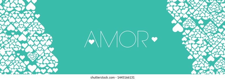 Hand drawn lettering "AMOR"- mean LOVE, written in Spanish, on turquoise background. Flat vector illustration for Valentine`s Day cards, invitations, greetings, posters, wedding design, prints, web.