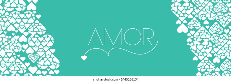 Hand drawn lettering "AMOR"- mean LOVE, written in Spanish, on turquoise background. Flat vector illustration for Valentine`s Day cards, invitations, greetings, posters, wedding design, prints, web.