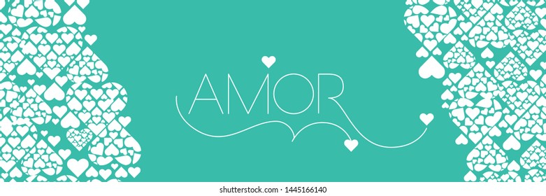 Hand drawn lettering "AMOR"- mean LOVE, written in Spanish, on turquoise background. Flat vector illustration for Valentine`s Day cards, invitations, greetings, posters, wedding design, prints, web.