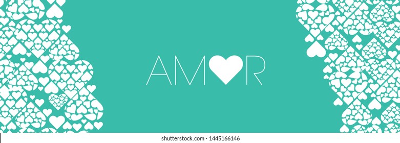 Hand drawn lettering "AMOR"- mean LOVE, written in Spanish, on turquoise background. Flat vector illustration for Valentine`s Day cards, invitations, greetings, posters, wedding design, prints, web.