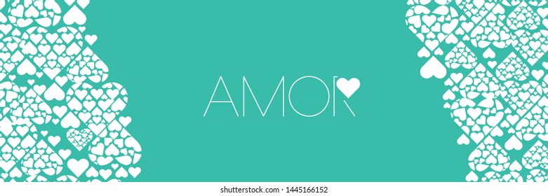 Hand drawn lettering "AMOR"- mean LOVE, written in Spanish, on turquoise background. Flat vector illustration for Valentine`s Day cards, invitations, greetings, posters, wedding design, prints, web.