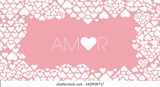 Hand drawn lettering "AMOR"- means LOVE, written in Spanish, on pale pink background. Flat vector illustration for Valentine`s Day cards, greetings, invitations, posters, prints, wedding design, web.