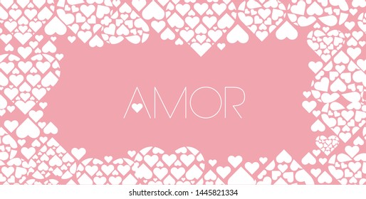 Hand drawn lettering "AMOR"- means LOVE, written in Spanish, on pale pink background. Flat vector illustration for Valentine`s Day cards, invitations, greetings, posters, prints, wedding design, web.