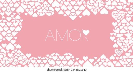 Hand drawn lettering "AMOR"- means LOVE, written in Spanish, on pale pink background. Flat vector illustration for Valentine`s Day cards, invitations, greetings, posters, prints, wedding design, web.