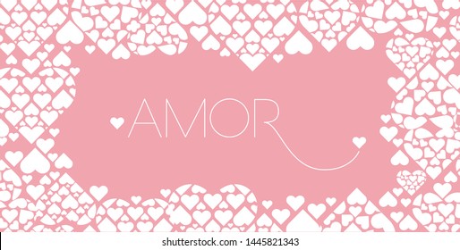 Hand drawn lettering "AMOR"- means LOVE, written in Spanish, on pale pink background. Flat vector illustration for Valentine`s Day cards, invitations, greetings, posters, prints, wedding design, web.