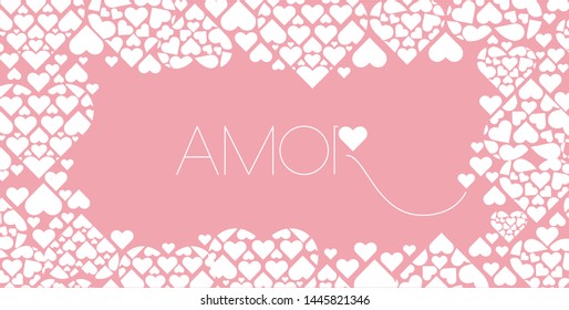 Hand drawn lettering "AMOR"- means LOVE, written in Spanish, on pale pink background. Flat vector illustration for Valentine`s Day cards, invitations, greetings, posters, prints, wedding design, web.