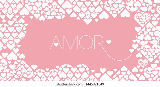 Hand drawn lettering "AMOR"- means LOVE, written in Spanish, on pale pink background. Flat vector illustration for Valentine`s Day cards, invitations, greetings, posters, prints, wedding design, web.