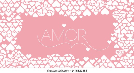 Hand drawn lettering "AMOR"- means LOVE, written in Spanish, on pale pink background. Flat vector illustration for Valentine`s Day cards, invitations, greetings, posters, prints, wedding design, web.