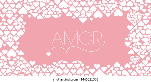 Hand drawn lettering "AMOR"- means LOVE, written in Spanish, on pale pink background. Flat vector illustration for Valentine`s Day cards, invitations, greetings, posters, prints, wedding design, web.