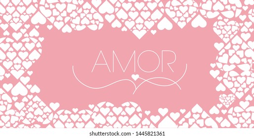 Hand drawn lettering "AMOR"- means LOVE, written in Spanish, on pale pink background. Flat vector illustration for Valentine`s Day cards, invitations, greetings, posters, prints, wedding design, web.