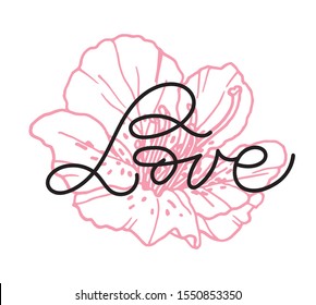 “Love” hand drawn lettering. Drawn art sign.  Valentine's Day poster card. Word for logotype, badge, icon, card, postcard, logo, banner, tag. 