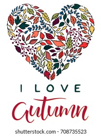 Hand drawn lettering autumn with leaves arranged in a heart in fall colors.Seasons greetings card perfect for prints, flyers, banners,invitations, special offer and more.Vector autumn illustration.