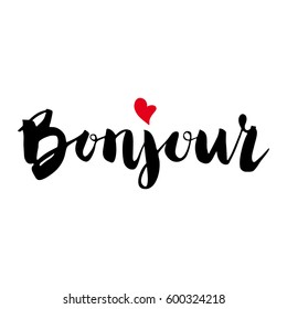 Hand drawn lettering background with word Bonjuor. Ink illustration. French theme. Modern brush calligraphy. Vector illustration