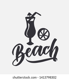 Hand drawn lettering  "Beach". 
Typography  poster EPS 10. Handwritten lettering and calligraphy for birthday party, posters background, postcard, banner, etc. Print on cup, bag, shirt, pack